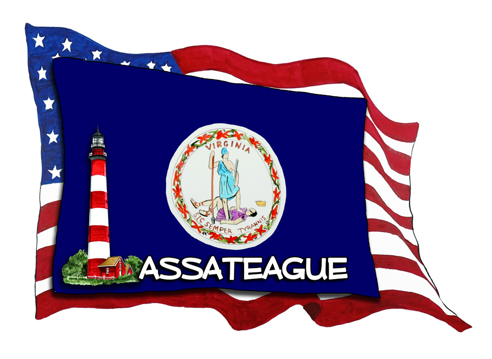 USA/VA Flags w/ Lighthouse - Assateague Decal/Sticker - Click Image to Close
