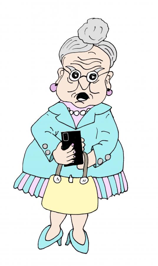 Old Lady Holding Phone Decal/Sticker - Click Image to Close