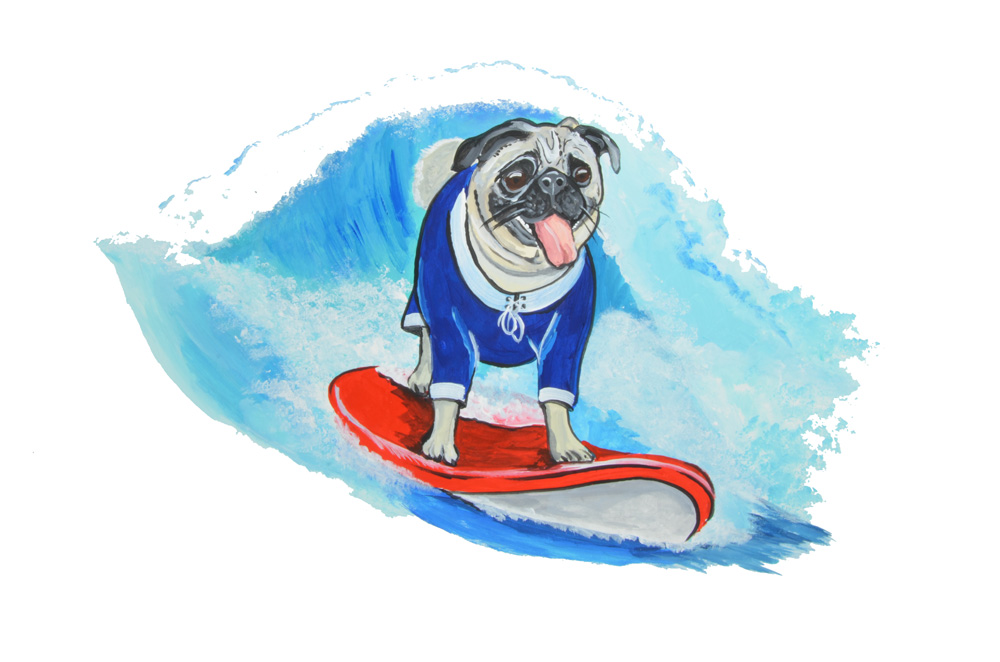 Surfing Pug Decal/Sticker - Click Image to Close