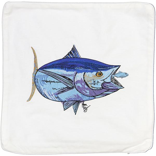 Bluefin Tuna Embroidered Canvas Pillow Cover White - Click Image to Close