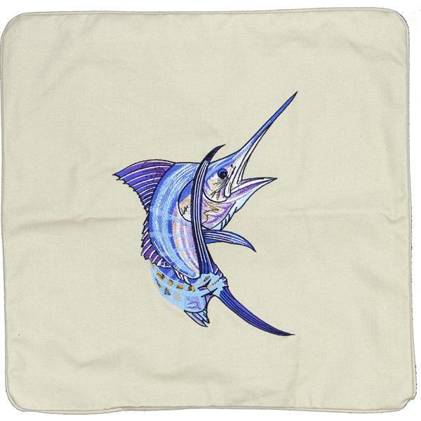 Atlantic Blue Marlin Embroidered Canvas Pillow Cover Light Tan - Click Image to Close