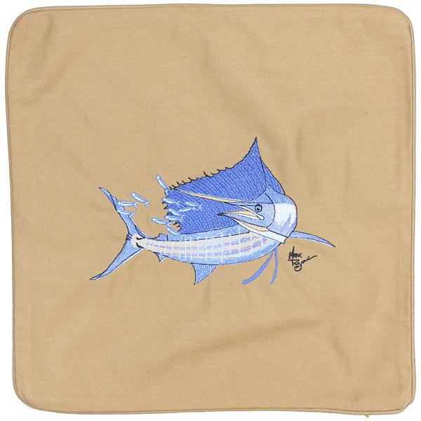 Sailfish Embroidered Canvas Pillow Cover Dark Tan - Click Image to Close