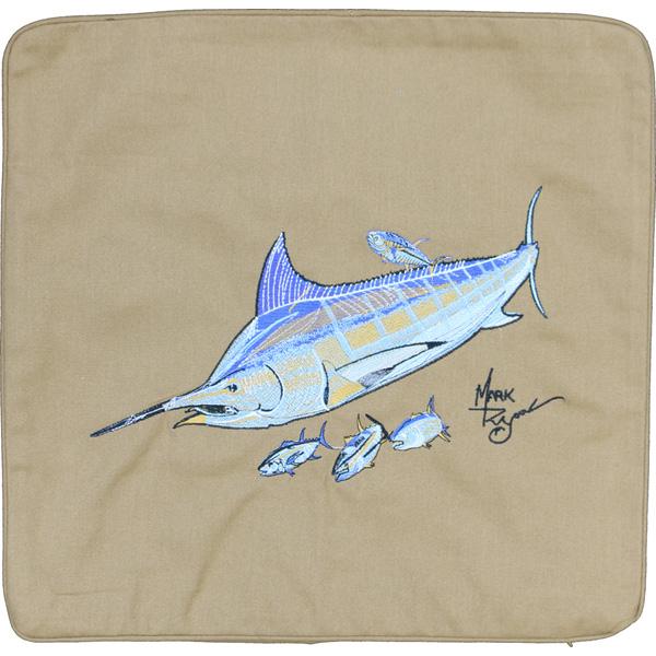 Blue Marlin Embroidered Canvas Pillow Cover Dark Tan - Click Image to Close