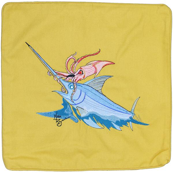 Swordfish and Squid Embroidered Canvas Pillow Cover Gold