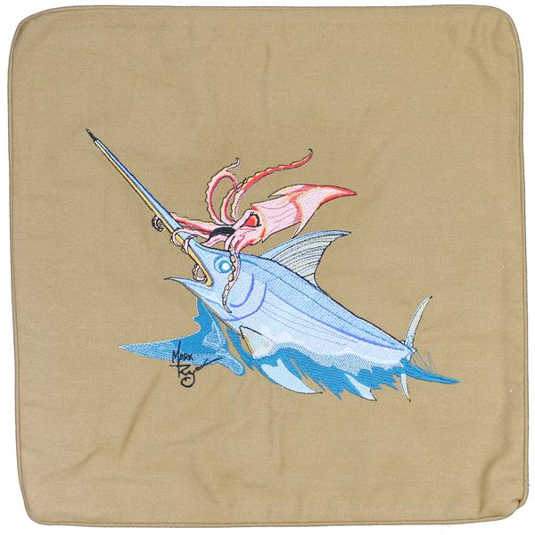 Swordfish and Squid Embroidered Canvas Pillow Cover Dark Tan