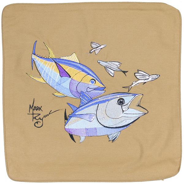 Bluefin/Yellowfin Tuna Embroidered Canvas Pillow Cover Dark Tan - Click Image to Close