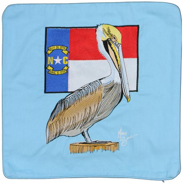 North Carolina Flag/Pelican Embroidered Canvas Pillow Cover Blue - Click Image to Close
