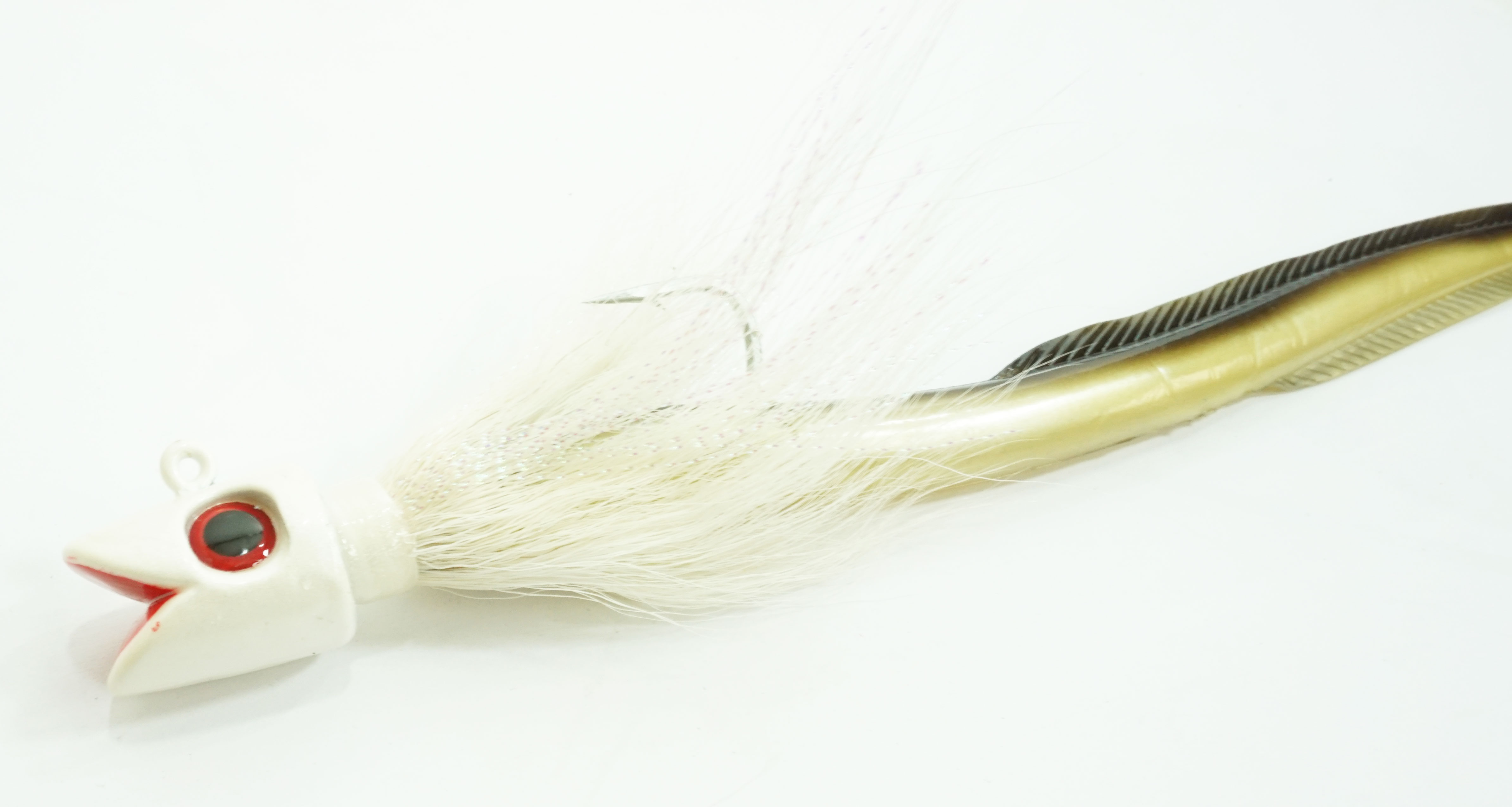 Smiling Bucktail Jig and Eel White Head 4oz - Click Image to Close