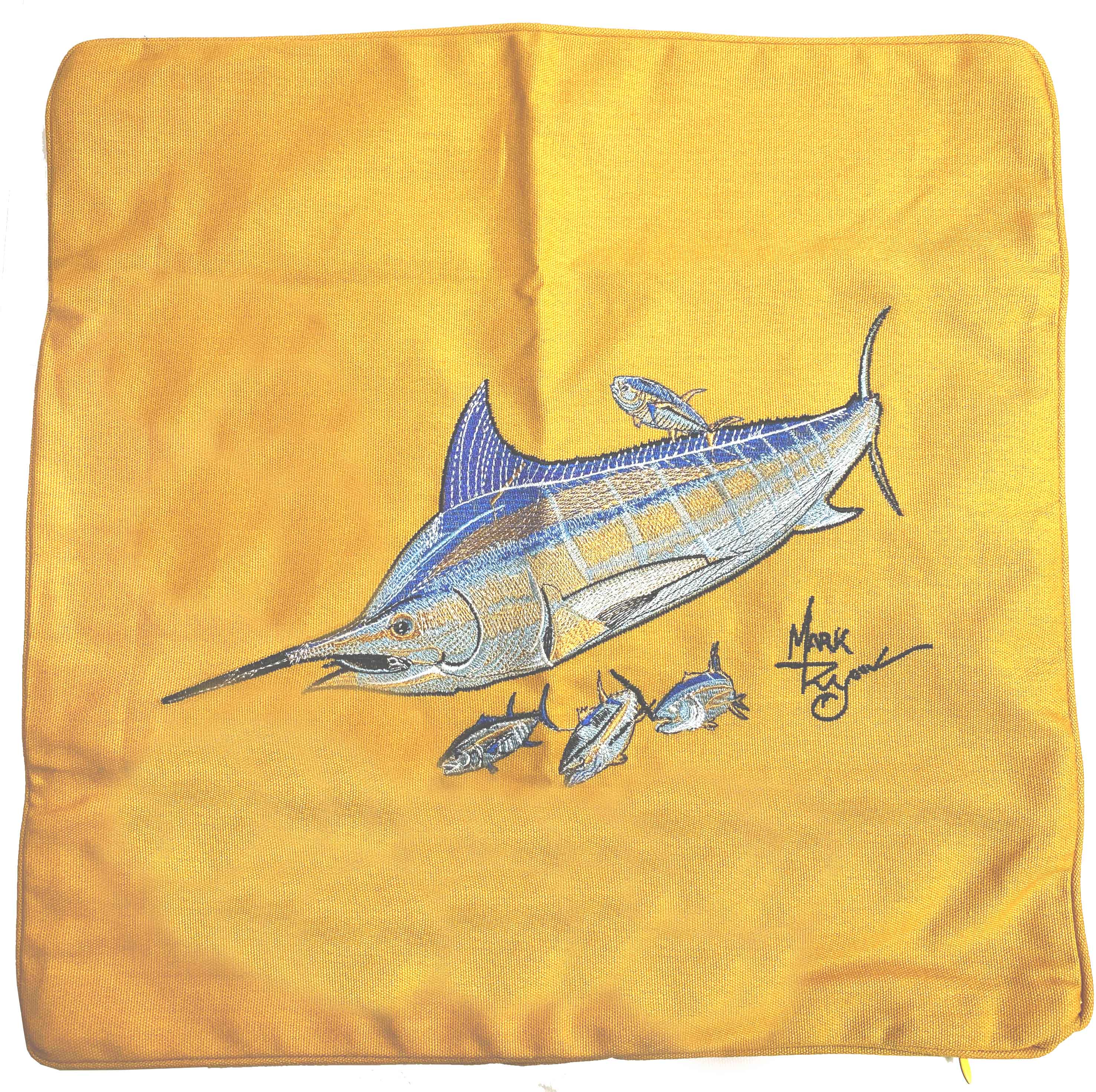 Blue Marlin Tuna Fish Indoor Outdoor Canvas Pillow Cushion Gold - Click Image to Close
